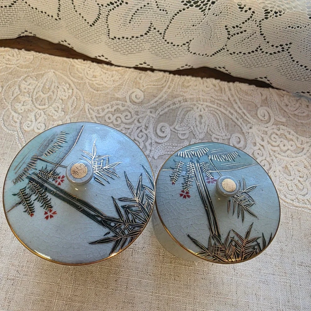 Kutani Japanese Tea Cups Set 2 Green Pheasant Bamboo Crackle Glaze Lidded Yunomi